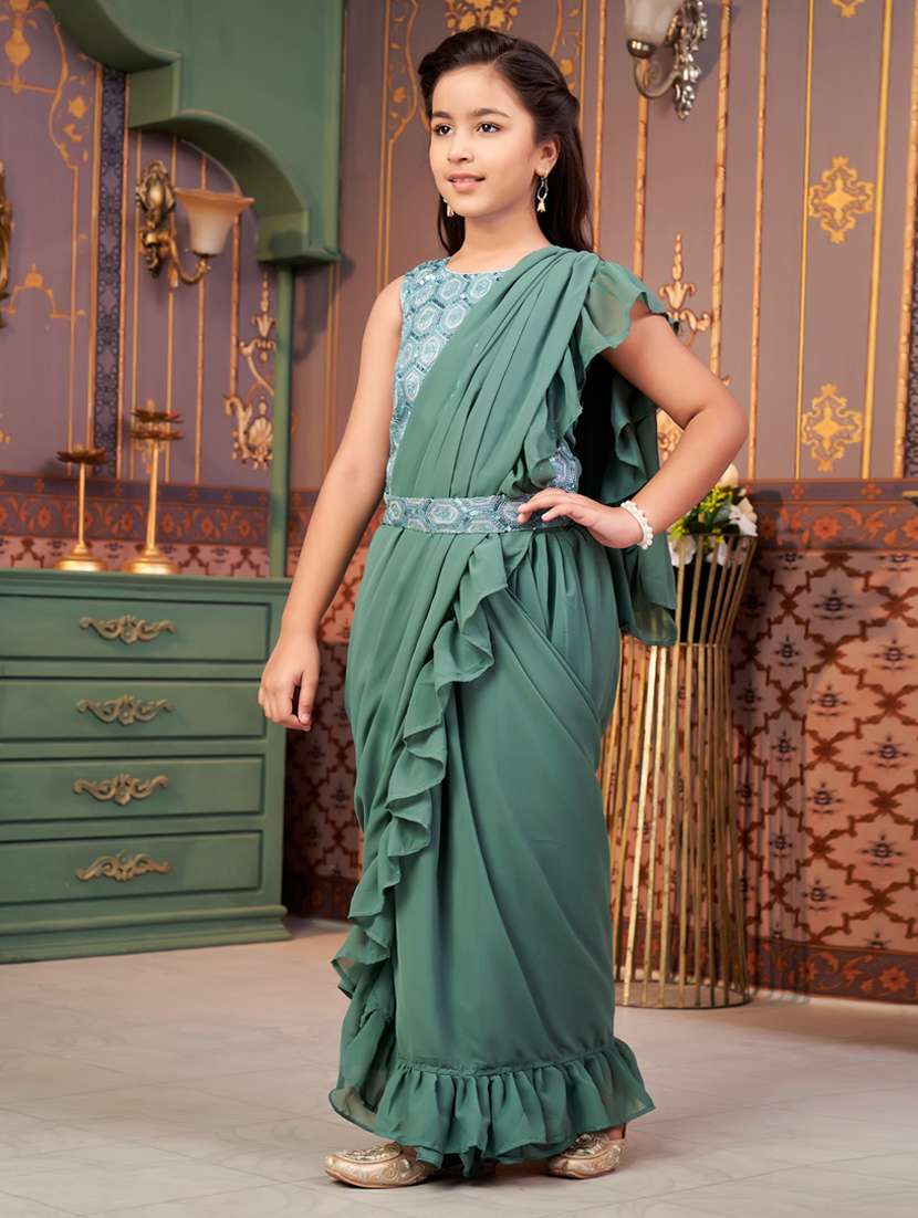 girls solid ready wear saree with embellished blouse - 21786550 - Standard Image - 2