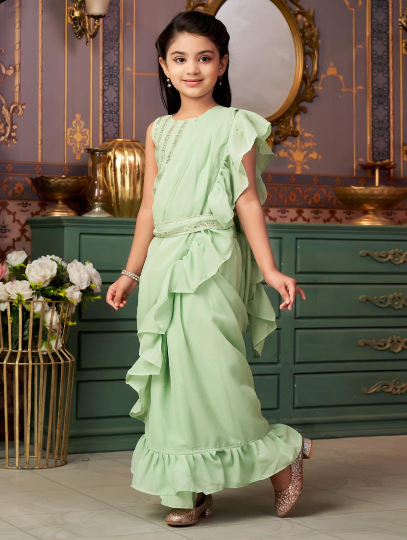 girls solid ready wear saree with embellished blouse - 21786555 - Standard Image - 2