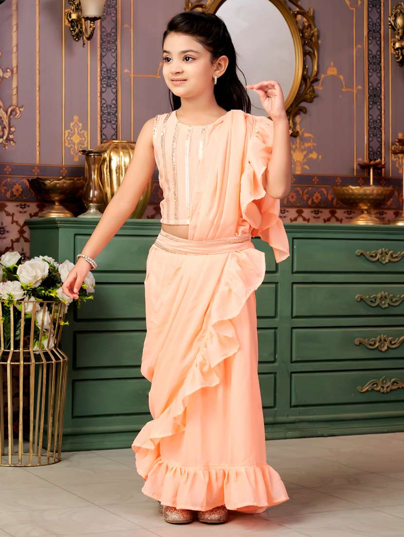 girls solid ready wear saree with embellished blouse - 21786556 - Zoom Image - 0