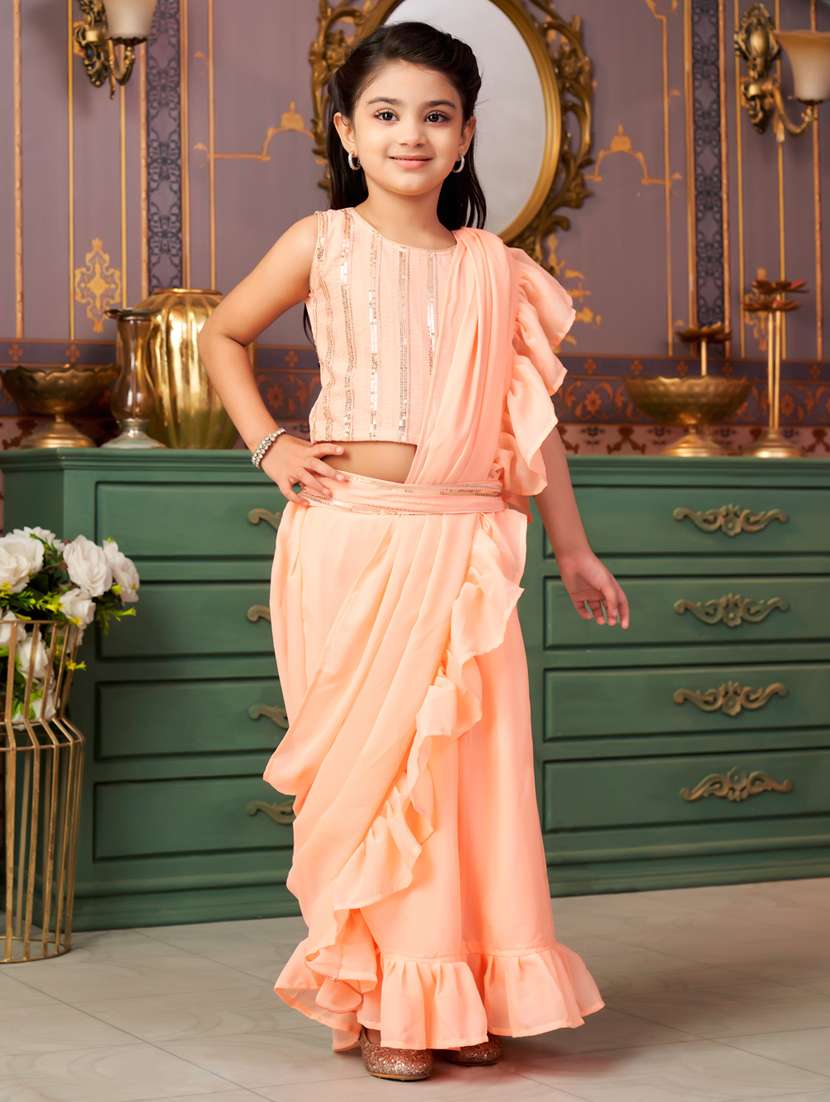 girls solid ready wear saree with embellished blouse - 21786556 - Standard Image - 2