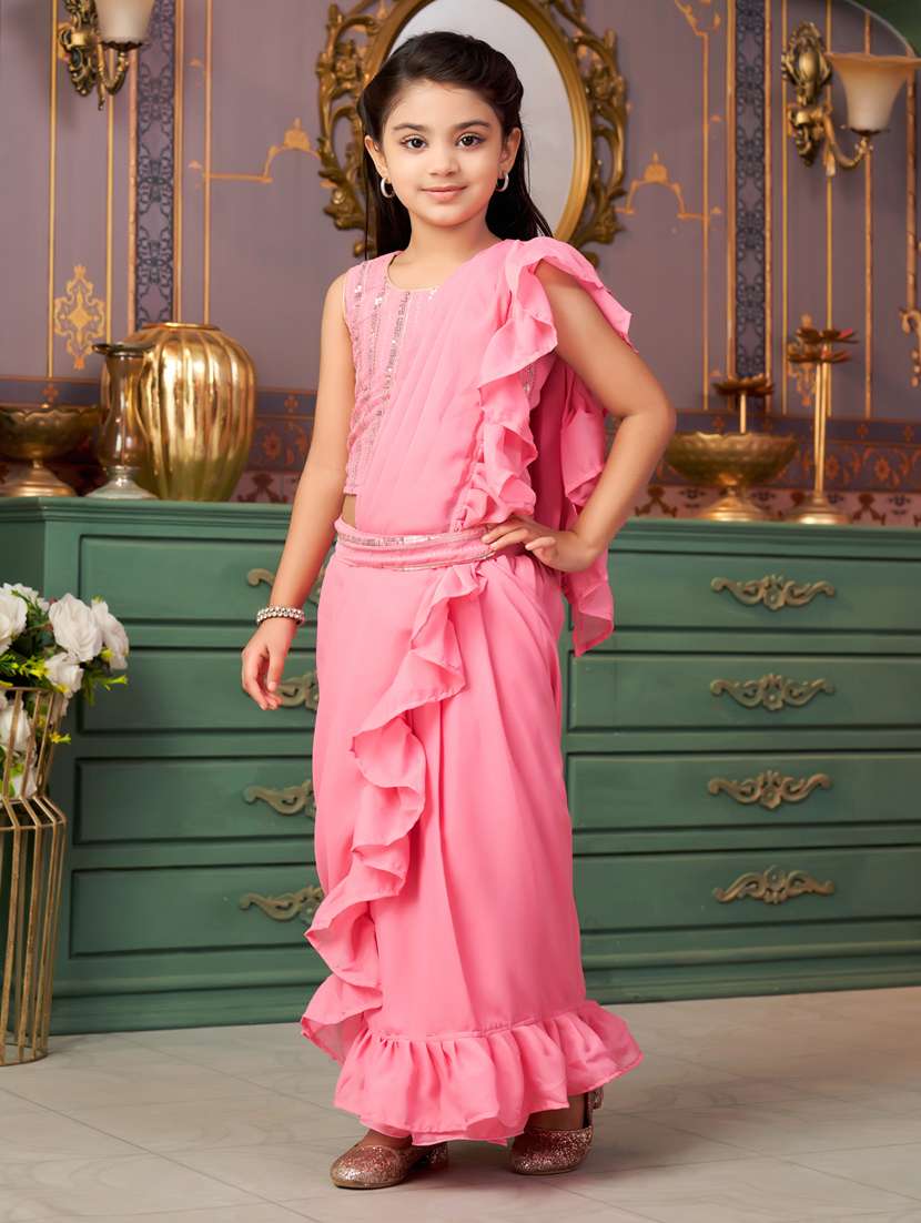 girls solid ready wear saree with embellished blouse - 21786557 -  Standard Image - 2