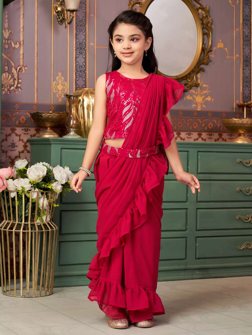 girls solid ready wear saree with embellished blouse