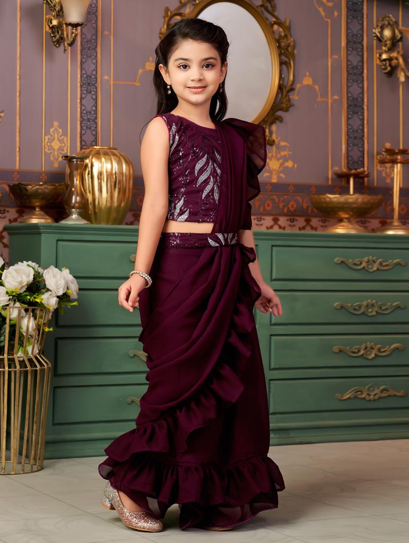 girls solid ready wear saree with embellished blouse - 21786563 - Standard Image - 2