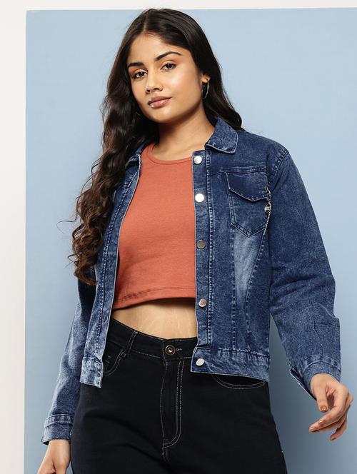 women solid long sleeves denim jacket - 21786607 -  Standard Image - 0