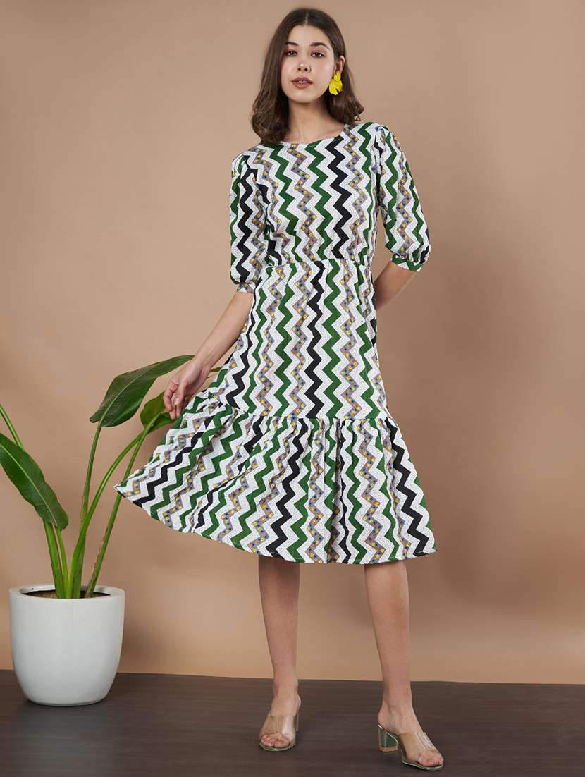 women printed puff sleeves tiered dress