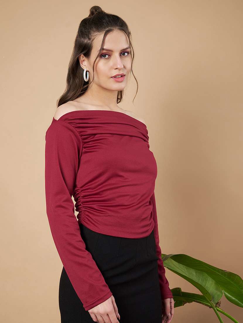 women solid off shoulder long sleeves ruched top - 21787103 - Standard Image - 2