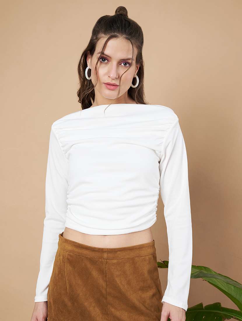 women off shoulder long sleeves ruched crop top