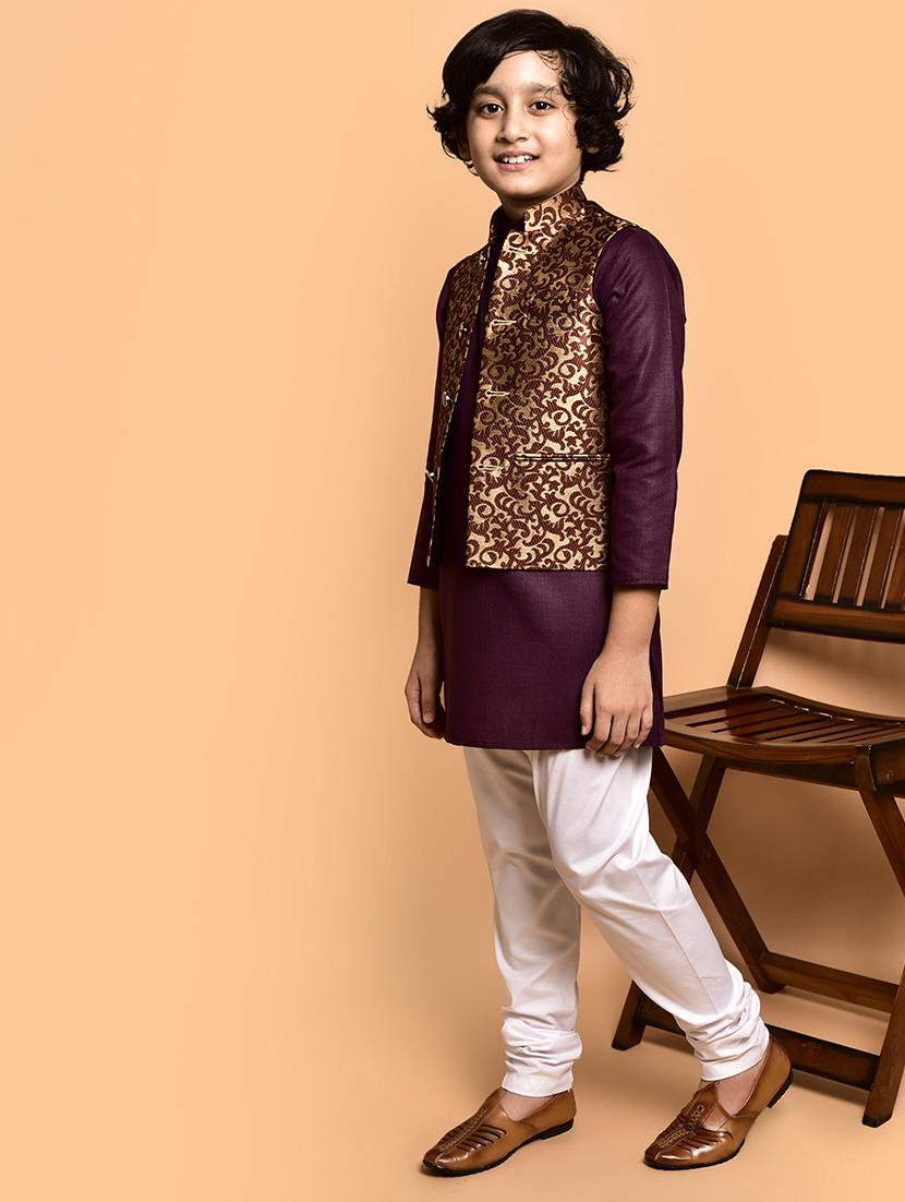 boys solid mandarin neck kurta pyjama ethnic jacket set - 21787126 - Standard Image - 2