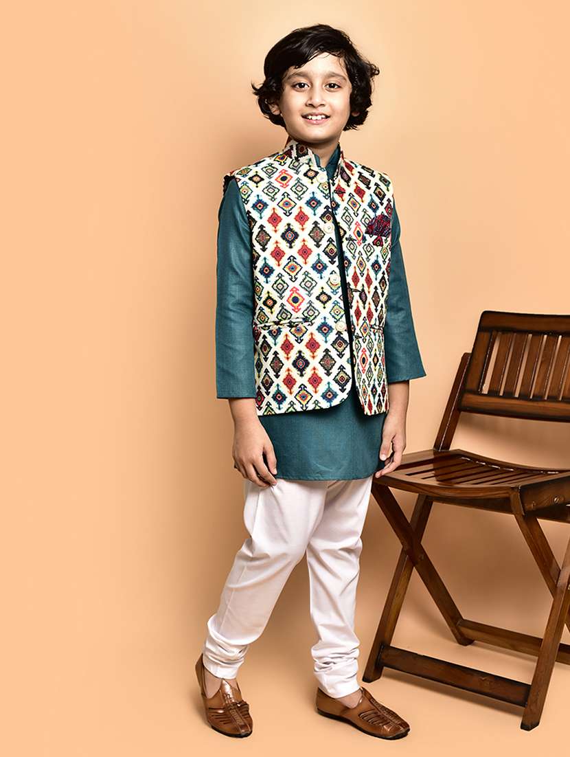 boys solid mandarin neck kurta pyjama ethnic jacket set - 21787129 - Standard Image - 2