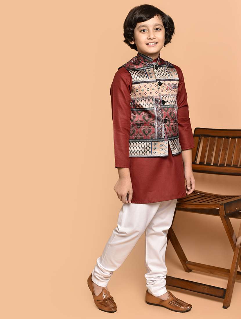 boys solid mandarin neck kurta pyjama ethnic jacket set - 21787153 -  Standard Image - 2