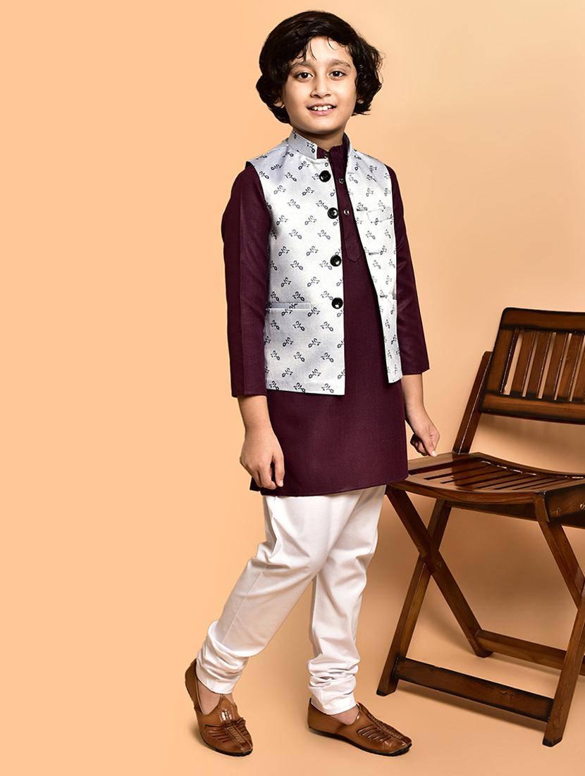 boys solid mandarin neck kurta pyjama ethnic jacket set - 21787172 - Standard Image - 2