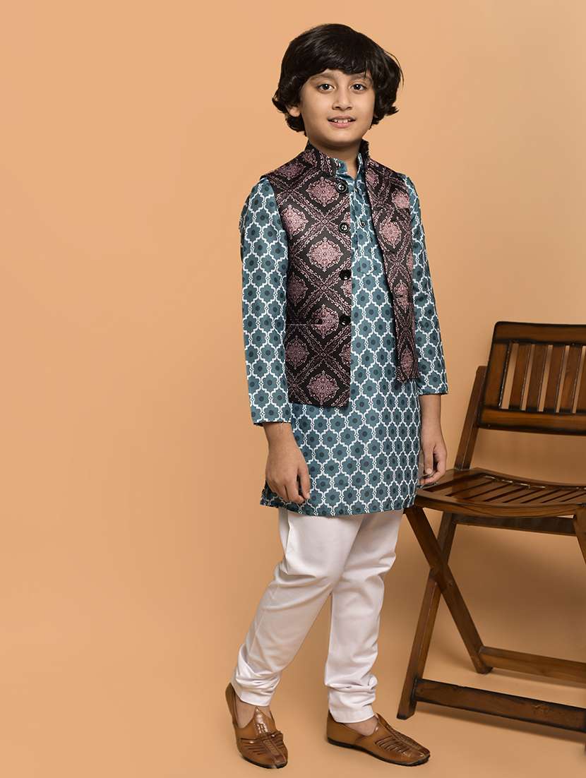 boys printed mandarin neck kurta pyjama ethnic jacket set - 21787191 -  Standard Image - 2