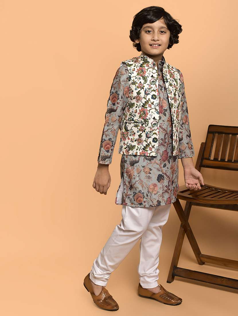 boys printed mandarin neck kurta pyjama ethnic jacket set - 21787193 -  Standard Image - 2