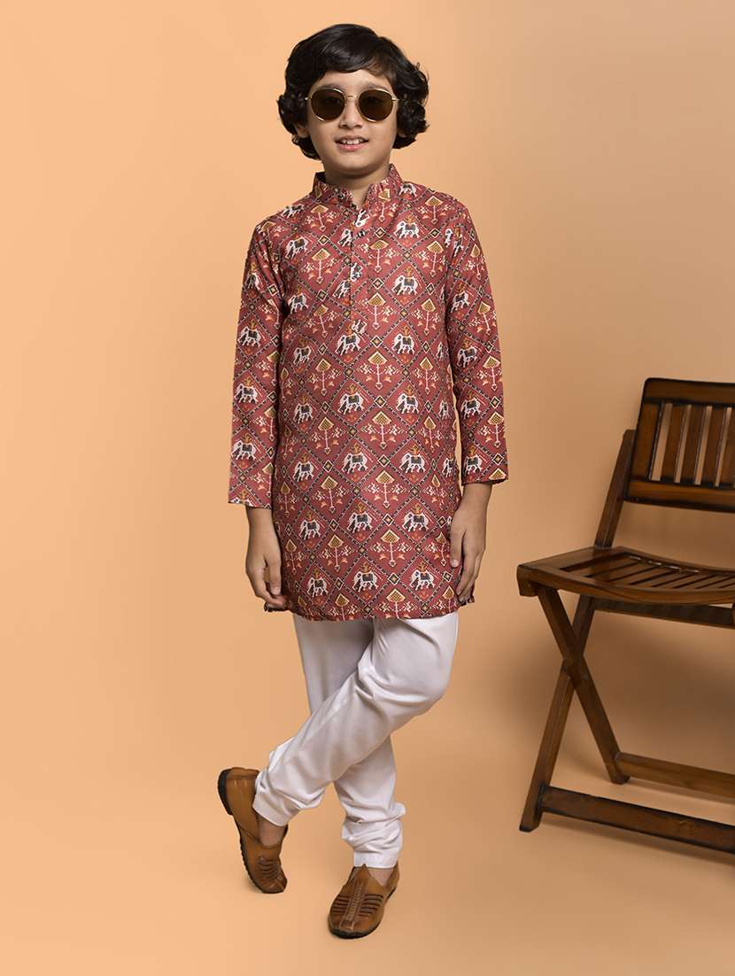 boys printed mandarin neck kurta pyjama set