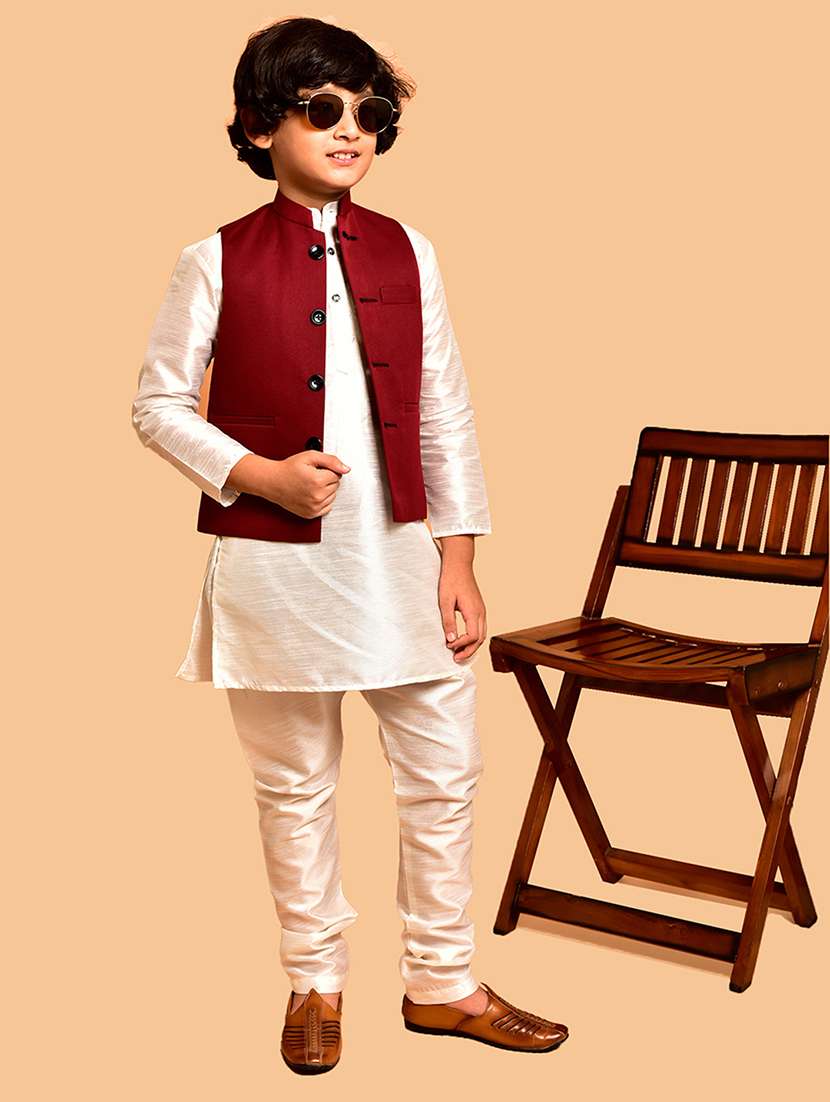 boys solid mandarin neck kurta pyjama ethnic jacket set - 21787255 - Standard Image - 2