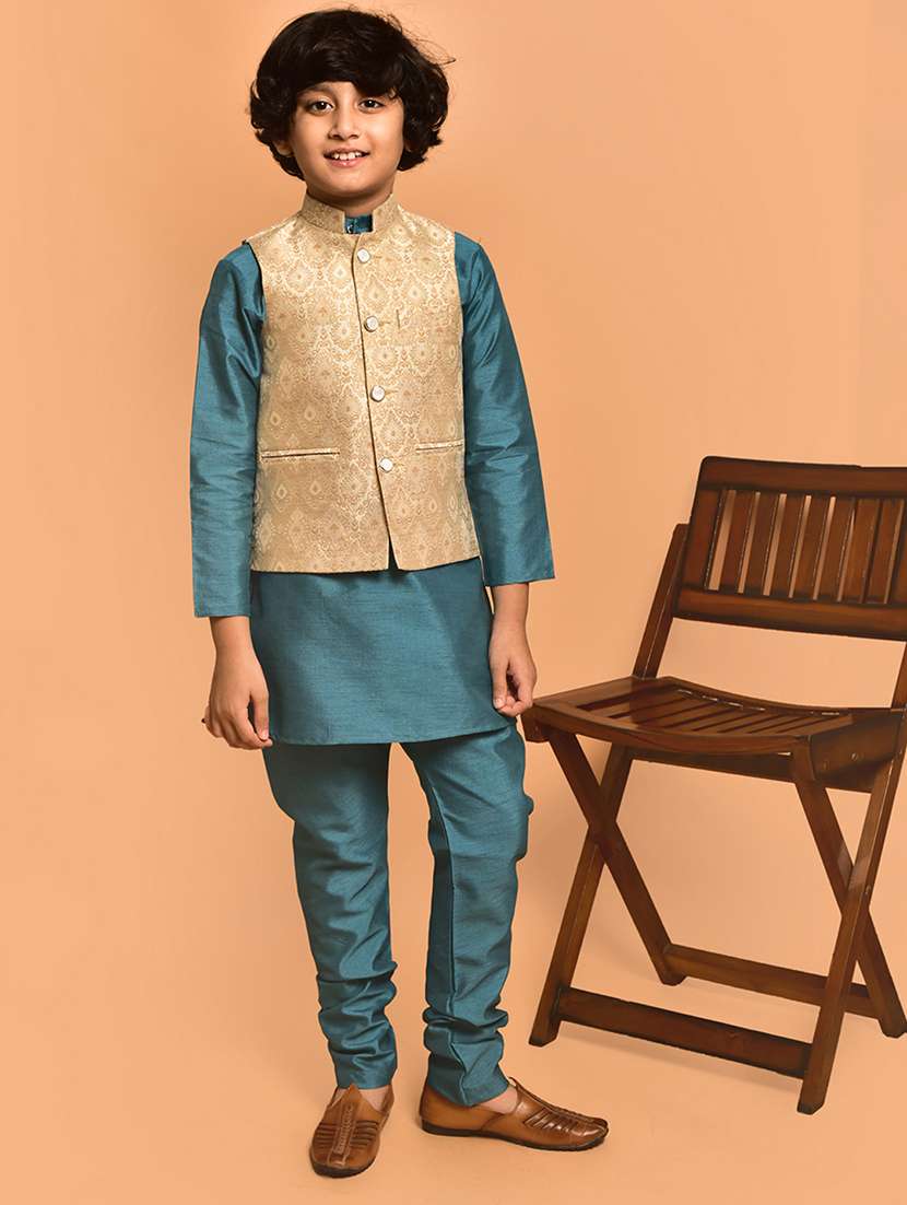 boys solid mandarin neck kurta pyjama ethnic jacket set