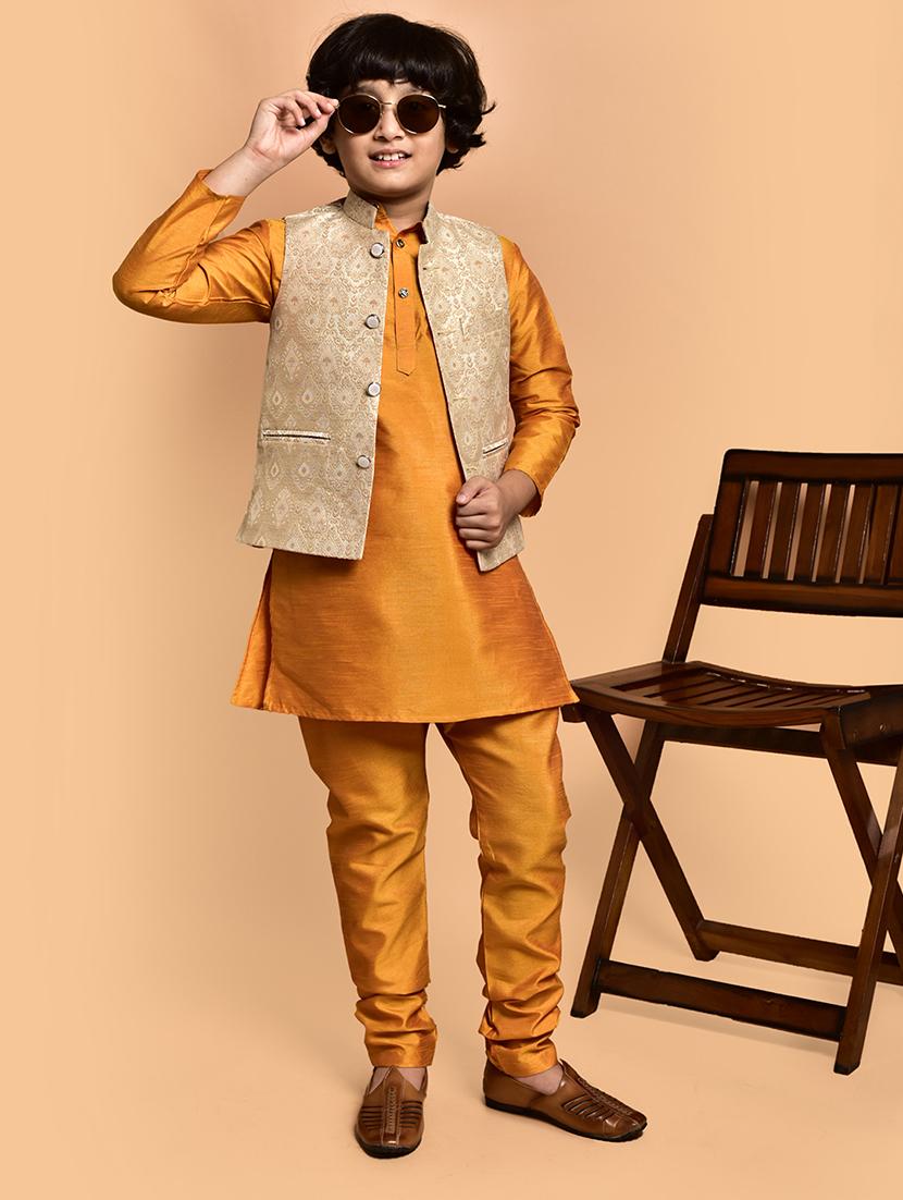 boys solid mandarin neck kurta pyjama ethnic jacket set