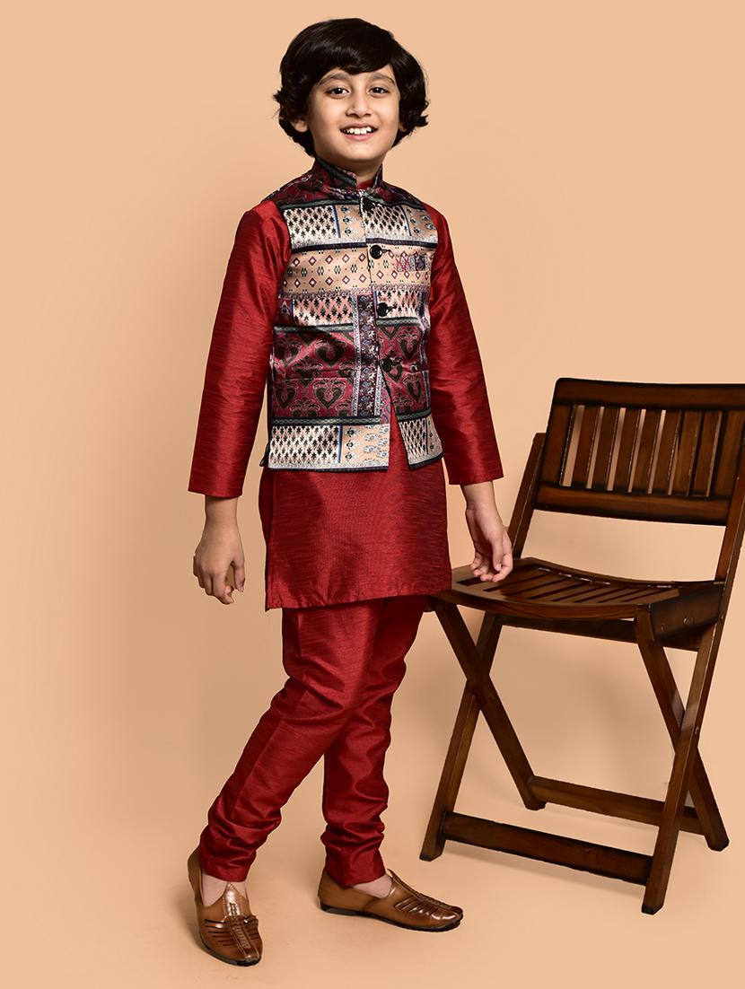 boys solid mandarin neck kurta pyjama ethnic jacket set - 21787280 - Standard Image - 2