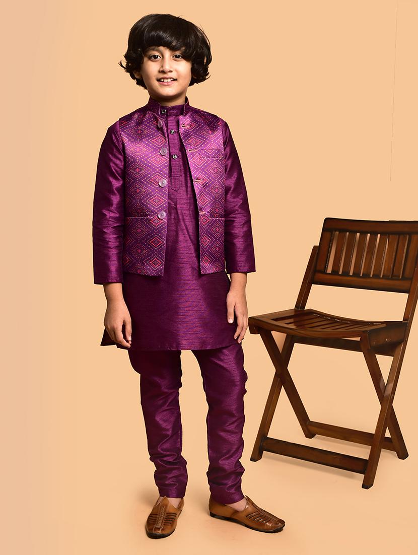 boys solid mandarin neck kurta pyjama ethnic jacket set - 21787300 - Standard Image - 2