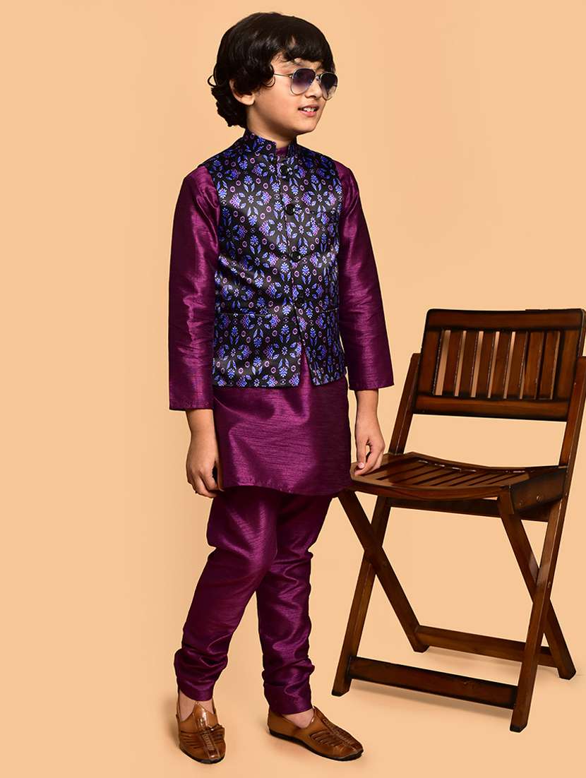 boys solid mandarin neck kurta pyjama ethnic jacket set - 21787301 - Standard Image - 2