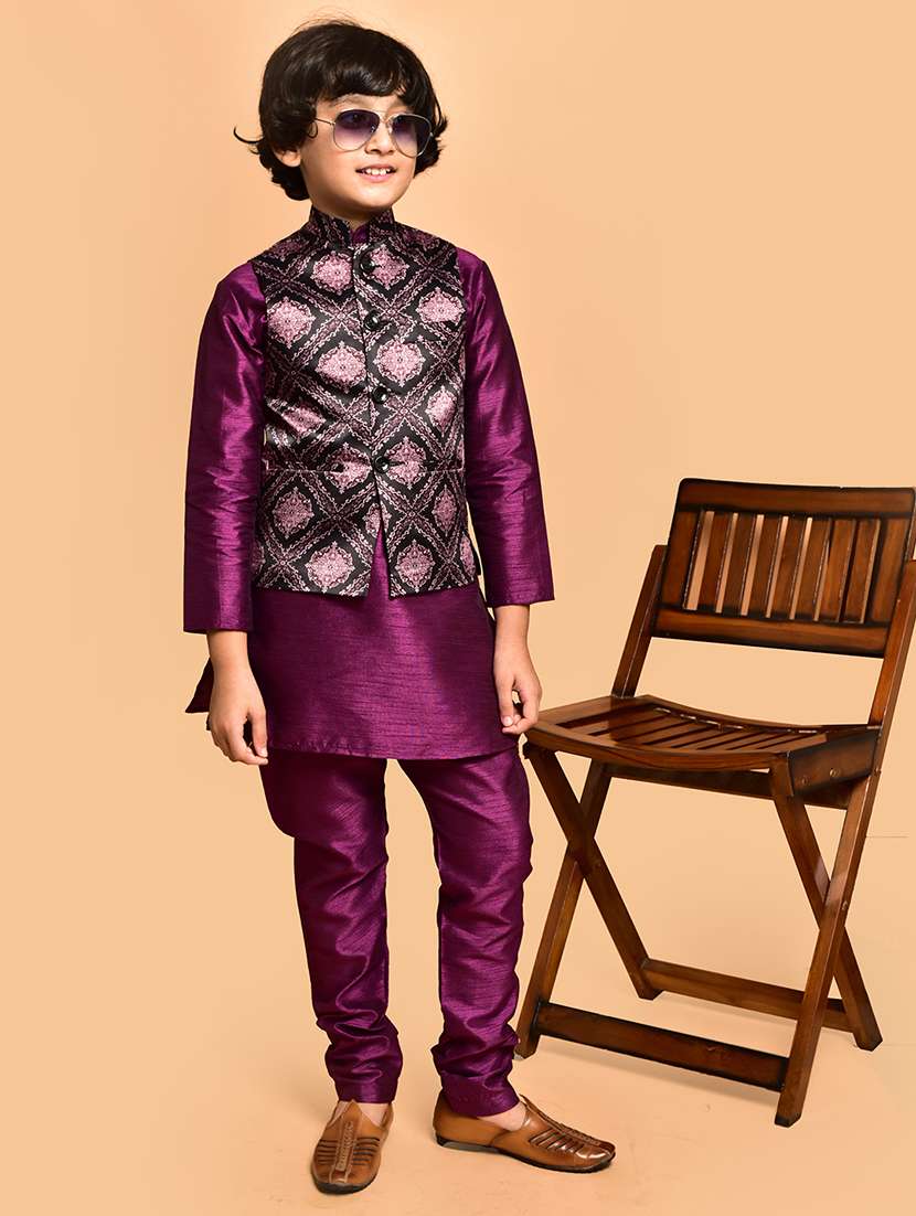 boys solid mandarin neck kurta pyjama ethnic jacket set - 21787302 - Standard Image - 2