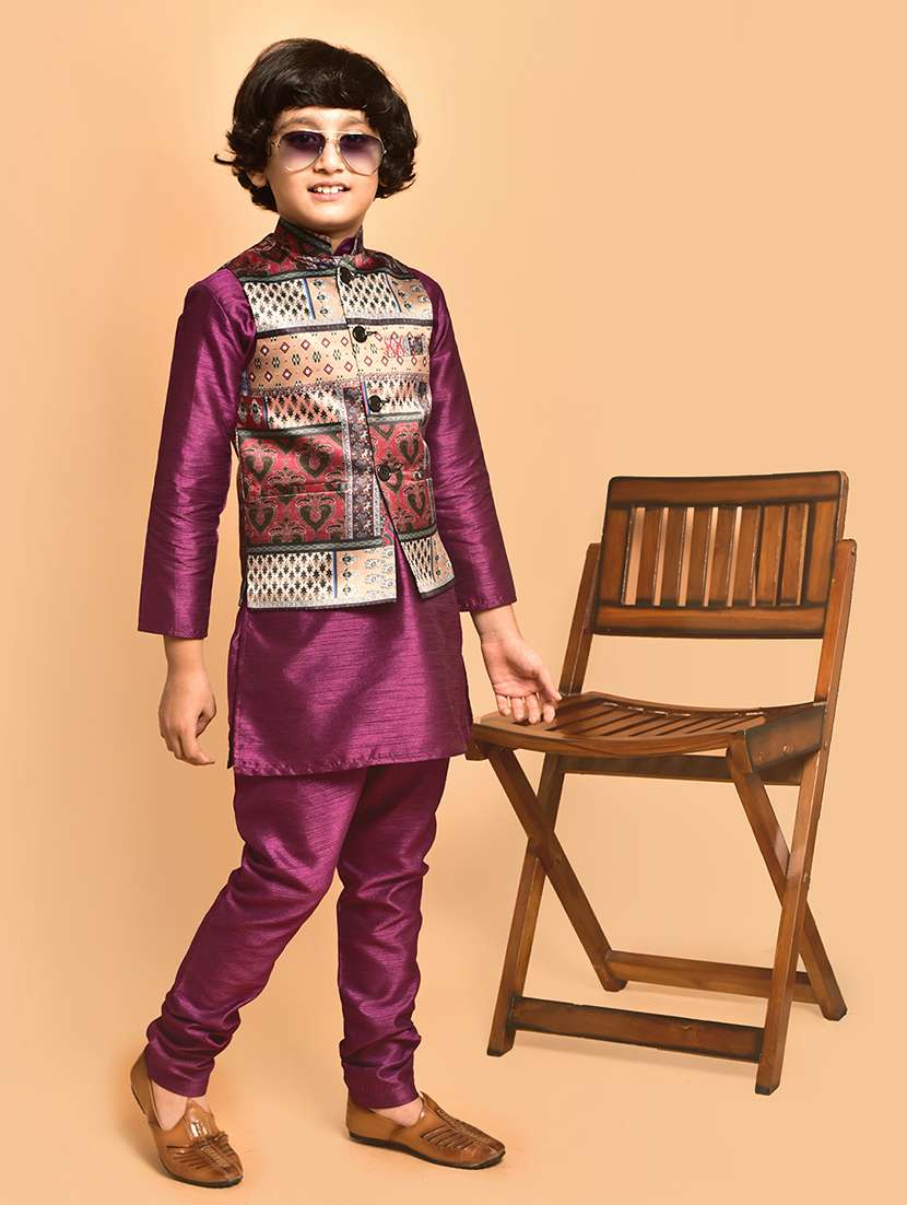 boys solid mandarin neck kurta pyjama ethnic jacket set - 21787303 -  Standard Image - 2