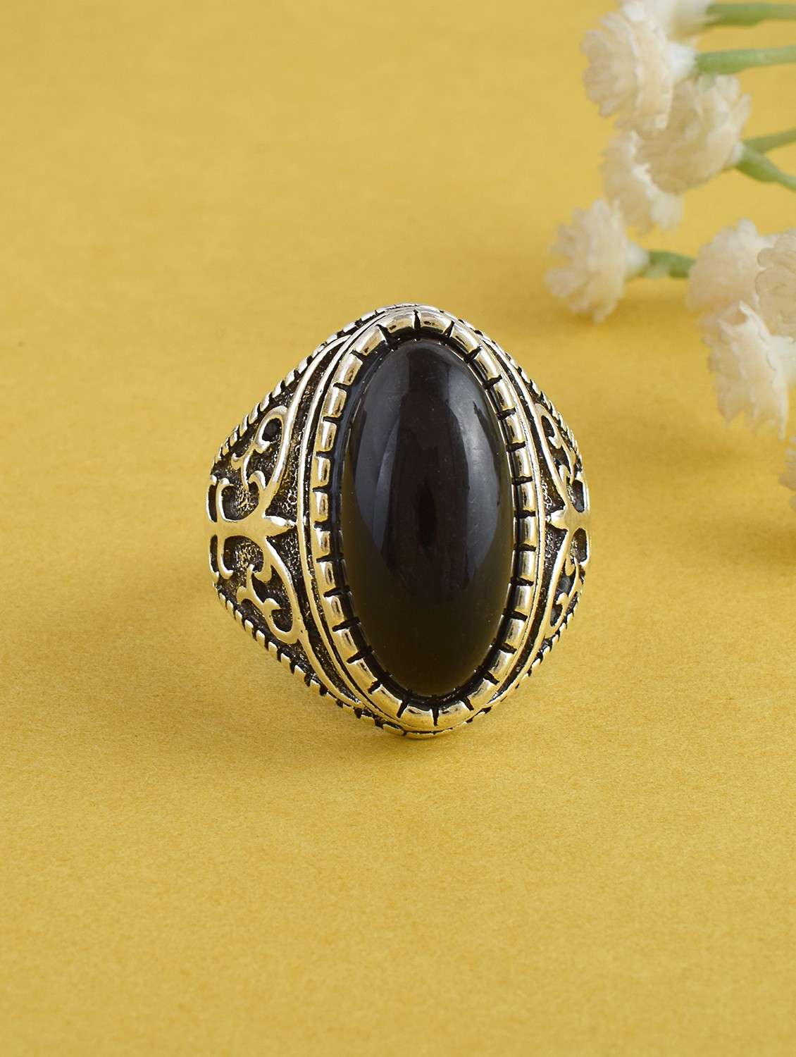silver black stone detailed brass finger ring