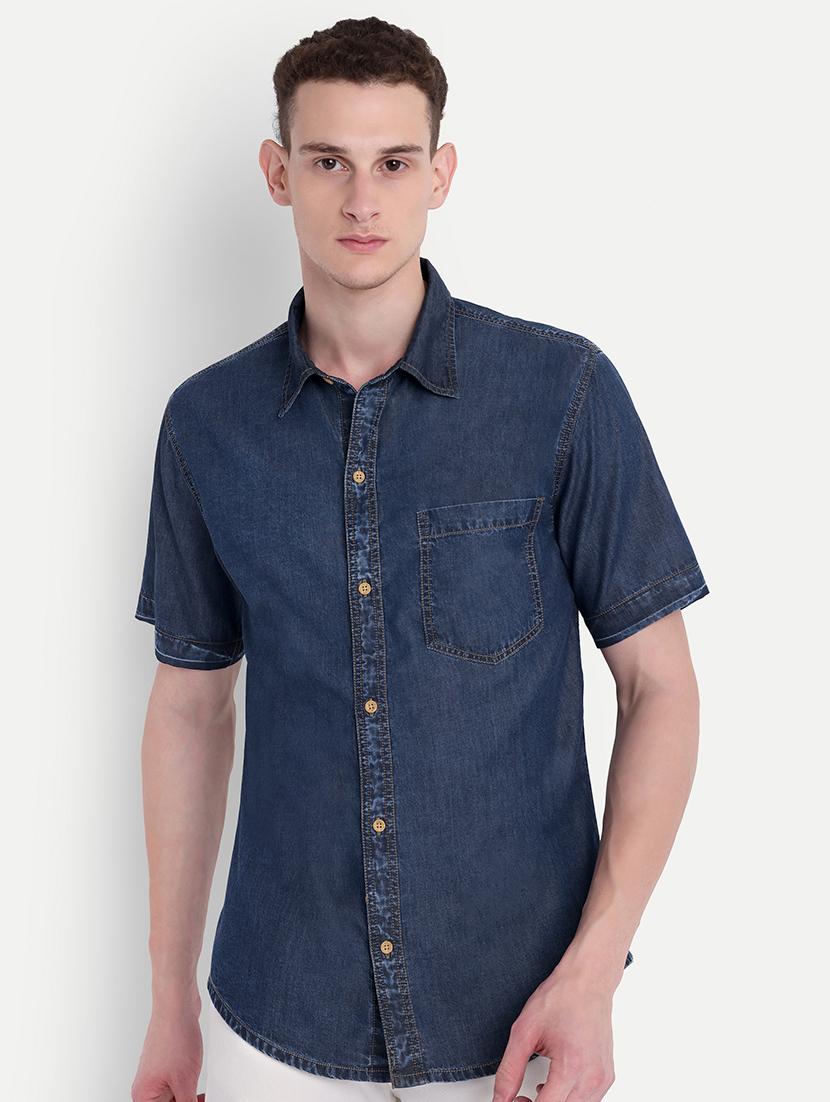 men solid short sleeve regualr fit denim shirt