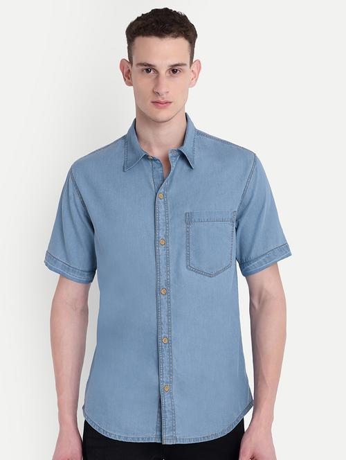men solid short sleeve regualr fit denim shirt - 21789594 - Standard Image - 0