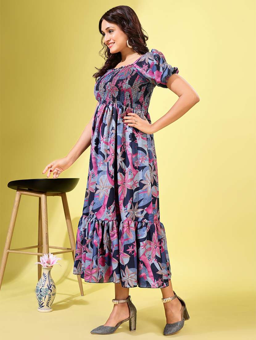 women printed puff sleeves tiered dress - 21791276 -  Standard Image - 2