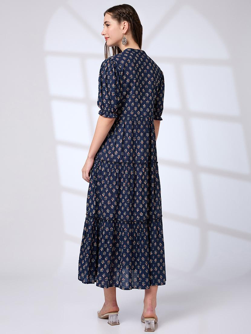globus women blue mandarin collar puff sleeves waist tie-ups tiered a-line work wear midi dress - 21791288 - Standard Image - 2