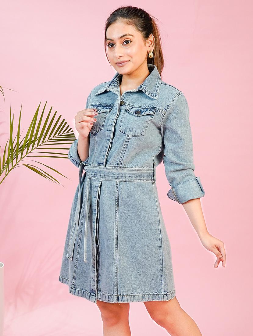 women solid collared denim a-line dress - 21791314 - Zoom Image - 0
