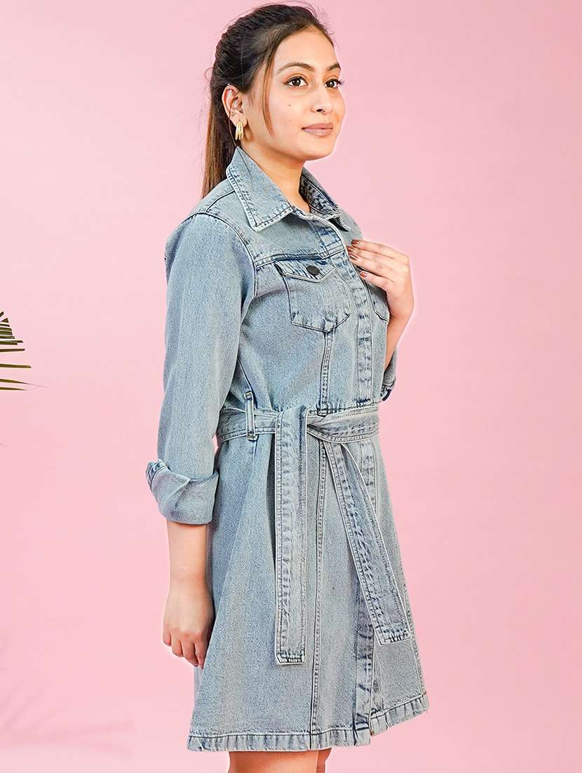 Women Solid Collared Denim A Line Dress