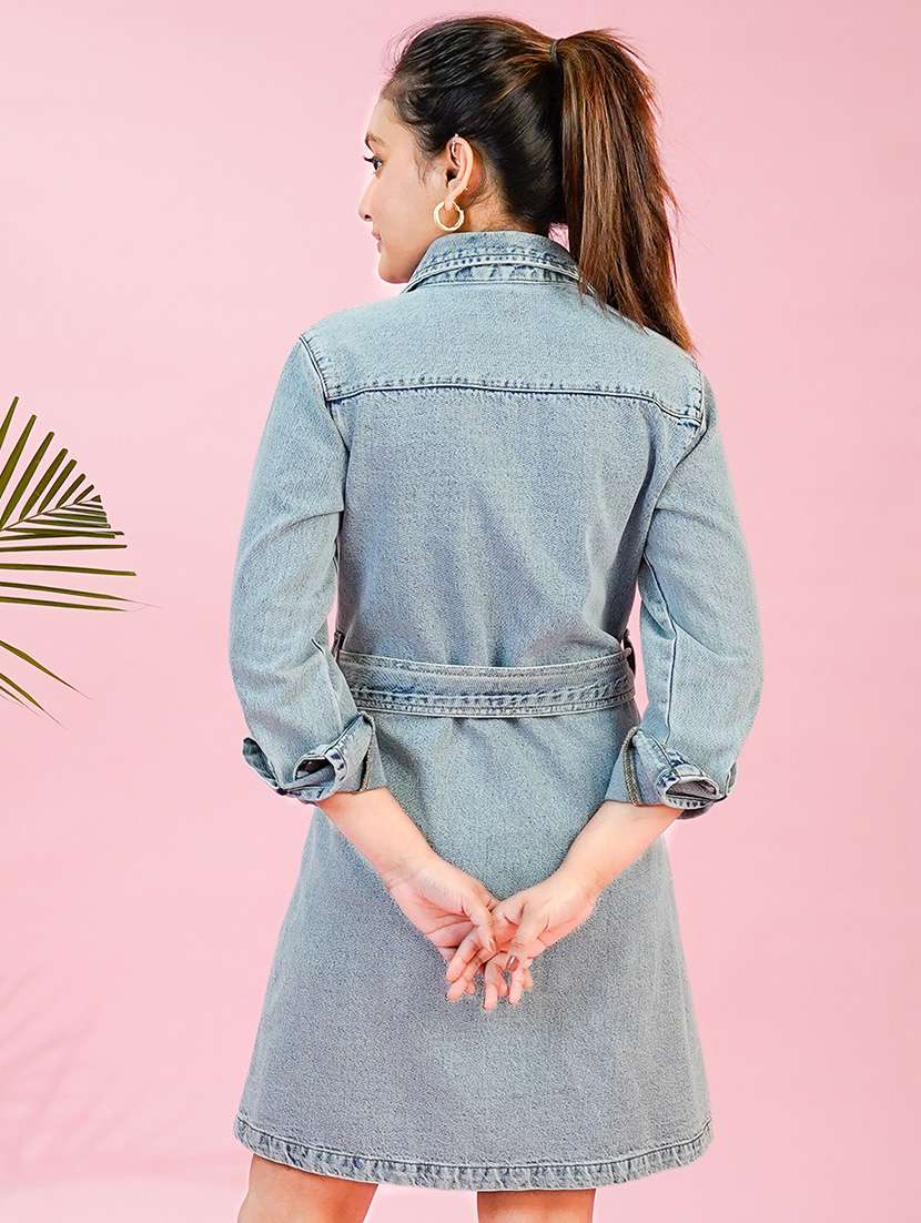 Women Solid Collared Denim A Line Dress