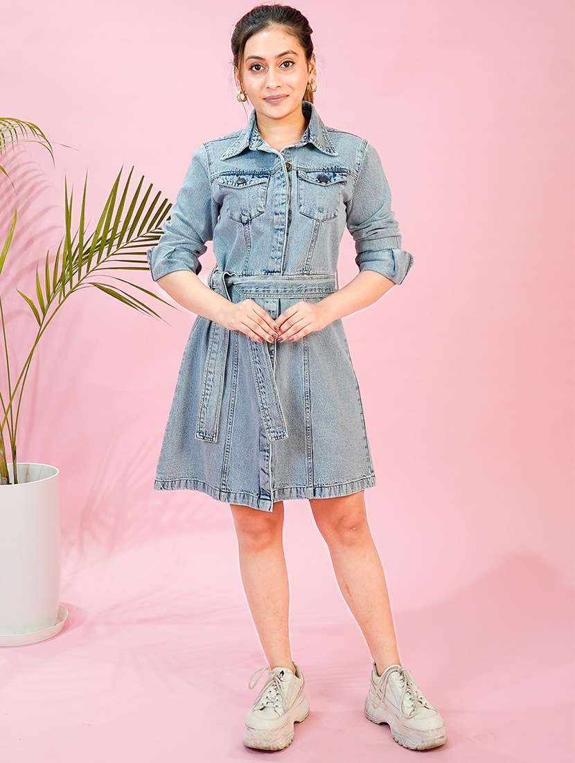 Women Solid Collared Denim A Line Dress