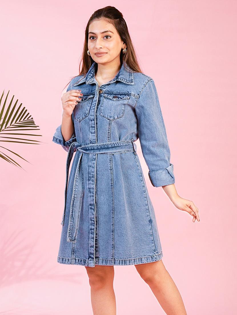 women solid collared denim a-line dress