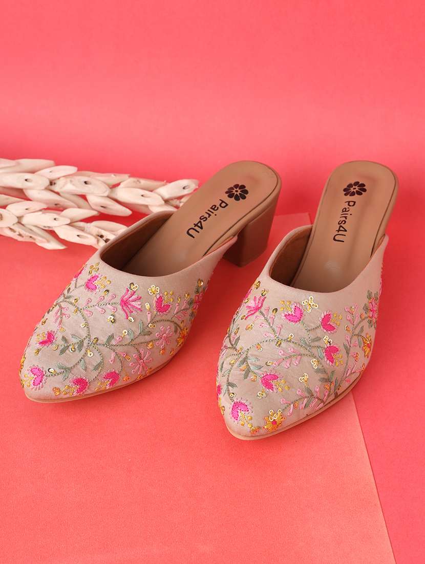 women embroidered block heel mules