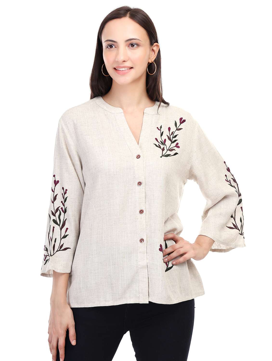 women embroidered bell sleeves regular top