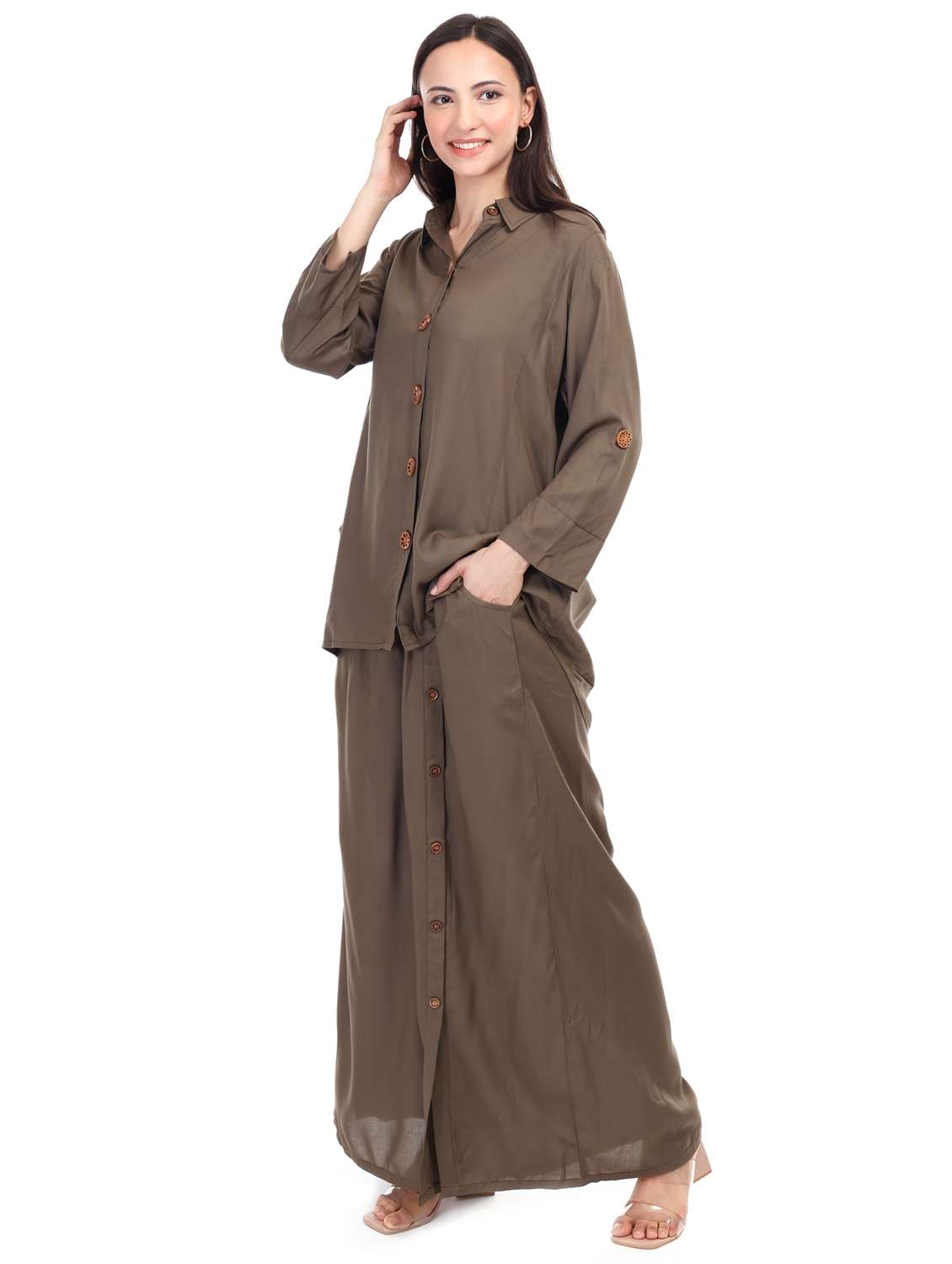 women solid shirt and trouser co-ord set - 21791434 -  Standard Image - 2