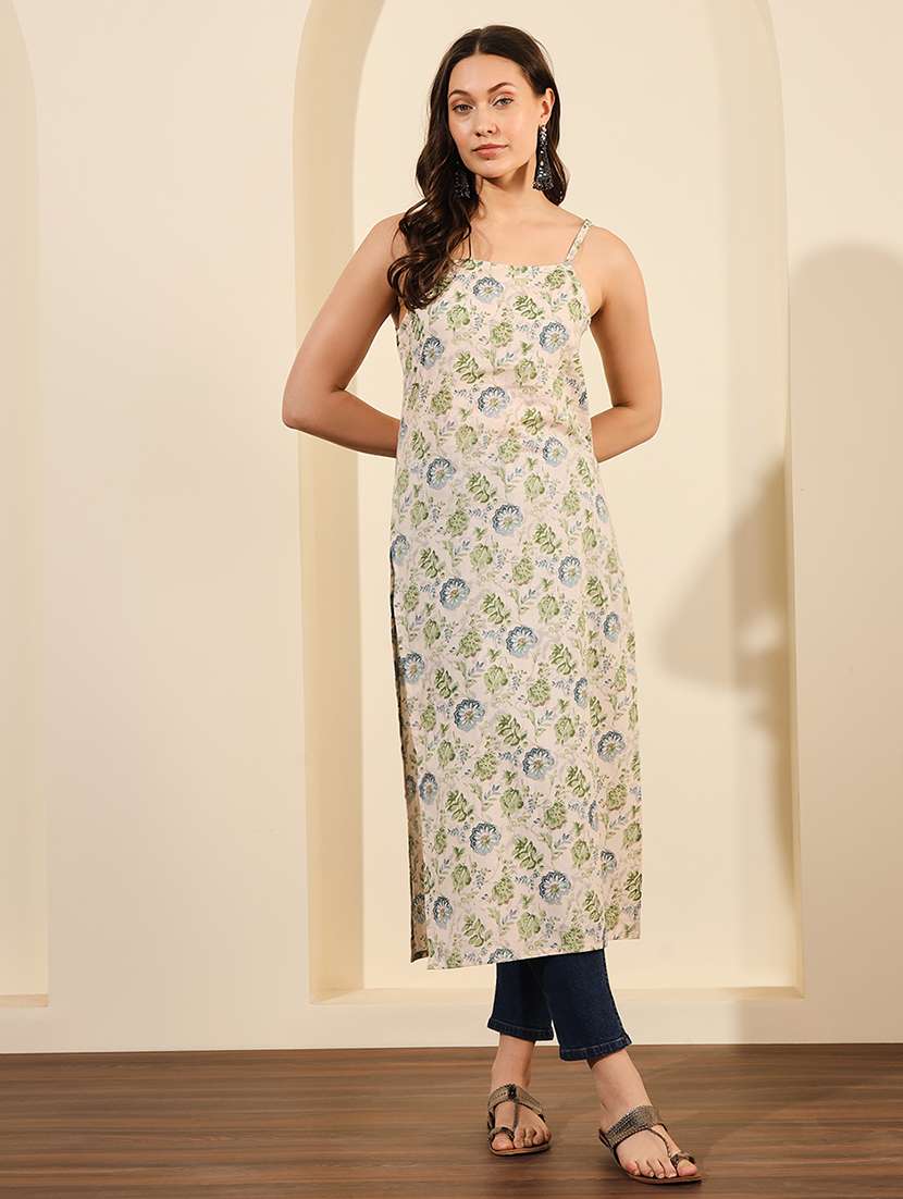 women off white floral shoulder strap straight kurta