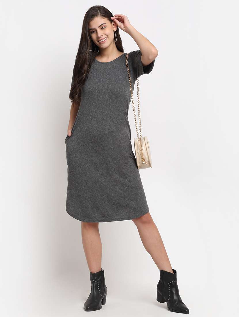 women solid short sleeves shift dress