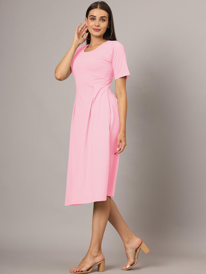 women solid short sleeves a-line dress - 21793284 - Standard Image - 2
