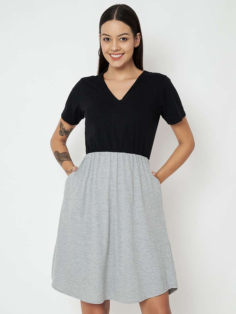 women color blocked short sleeves a-line dress