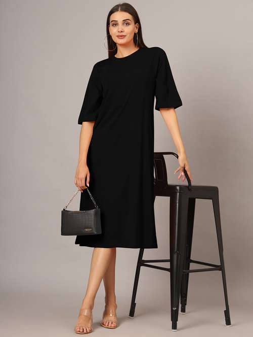 women solid short sleeves shift dress - 21793310 - Standard Image - 0