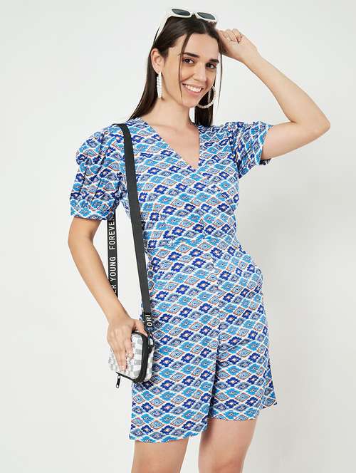 women printed puff sleeves romper - 21793338 - Standard Image - 0