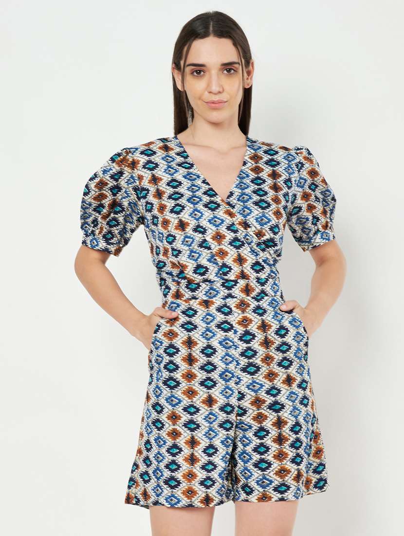 women printed puff sleeves romper