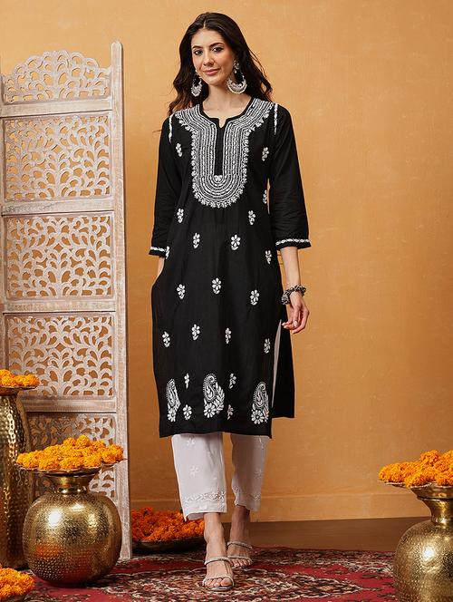 women three quarter sleeve straight chikankari kurta - 21794577 -  Standard Image - 0