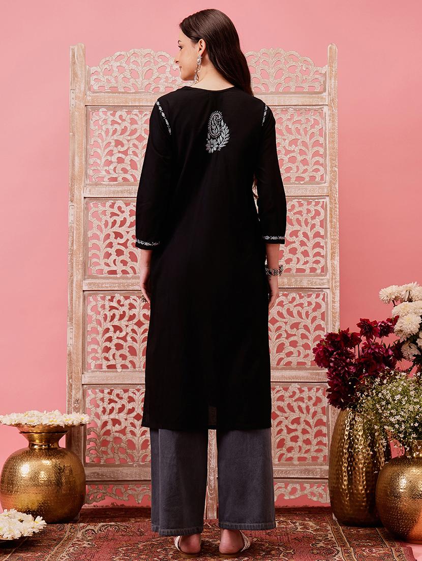 women three quarter sleeve straight chikankari kurta - 21794578 - Standard Image - 2
