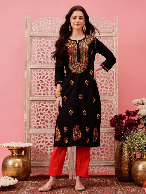 women three quarter sleeve straight chikankari kurta - 21794580 -  Standard Image - 0