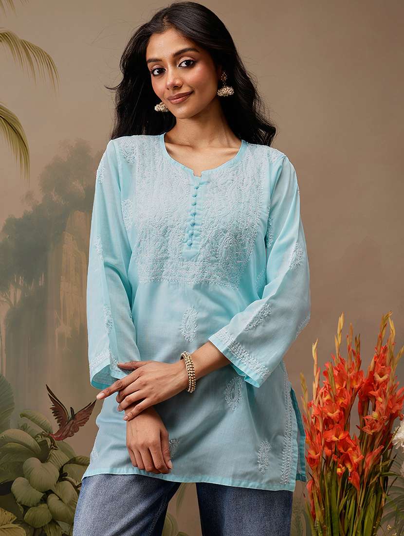 women long sleeve straight chikankari kurti